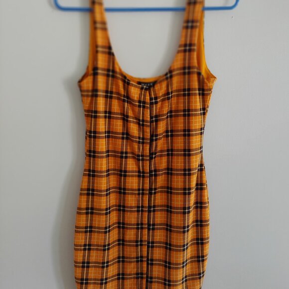 Yellow/Orange And Black Plaid Bodycon Dress Snaps Closure - Picture 1 of 4